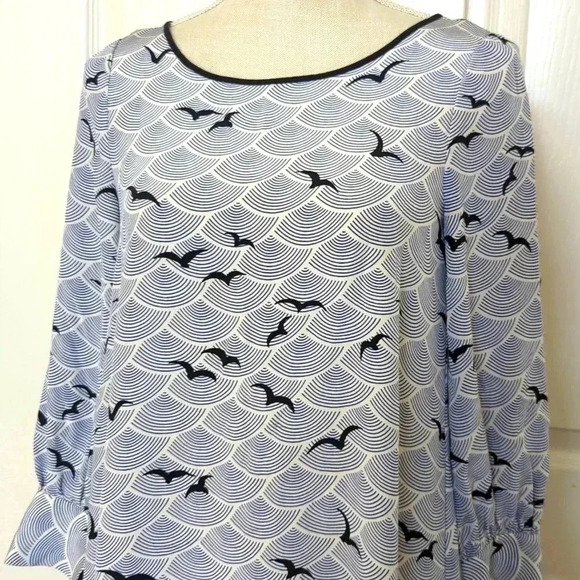 Kate Spade Blue & White Silk Long Sleeve Bird Print Shirt Women's Dress - Picture 2 of 7